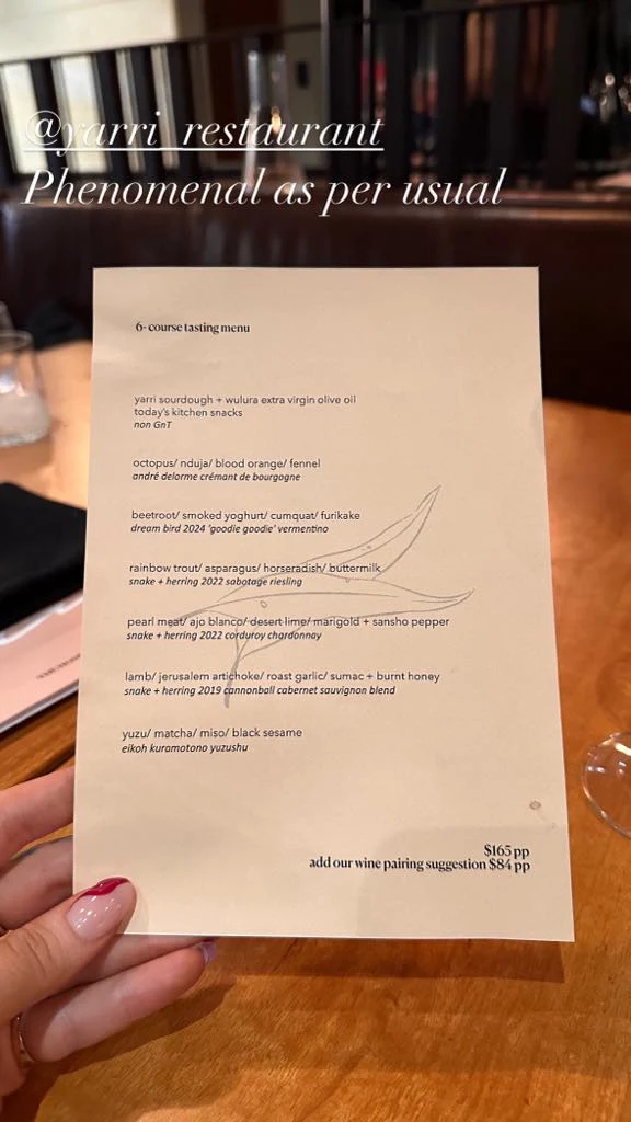 Menu, Yarri Restaurant + Bar