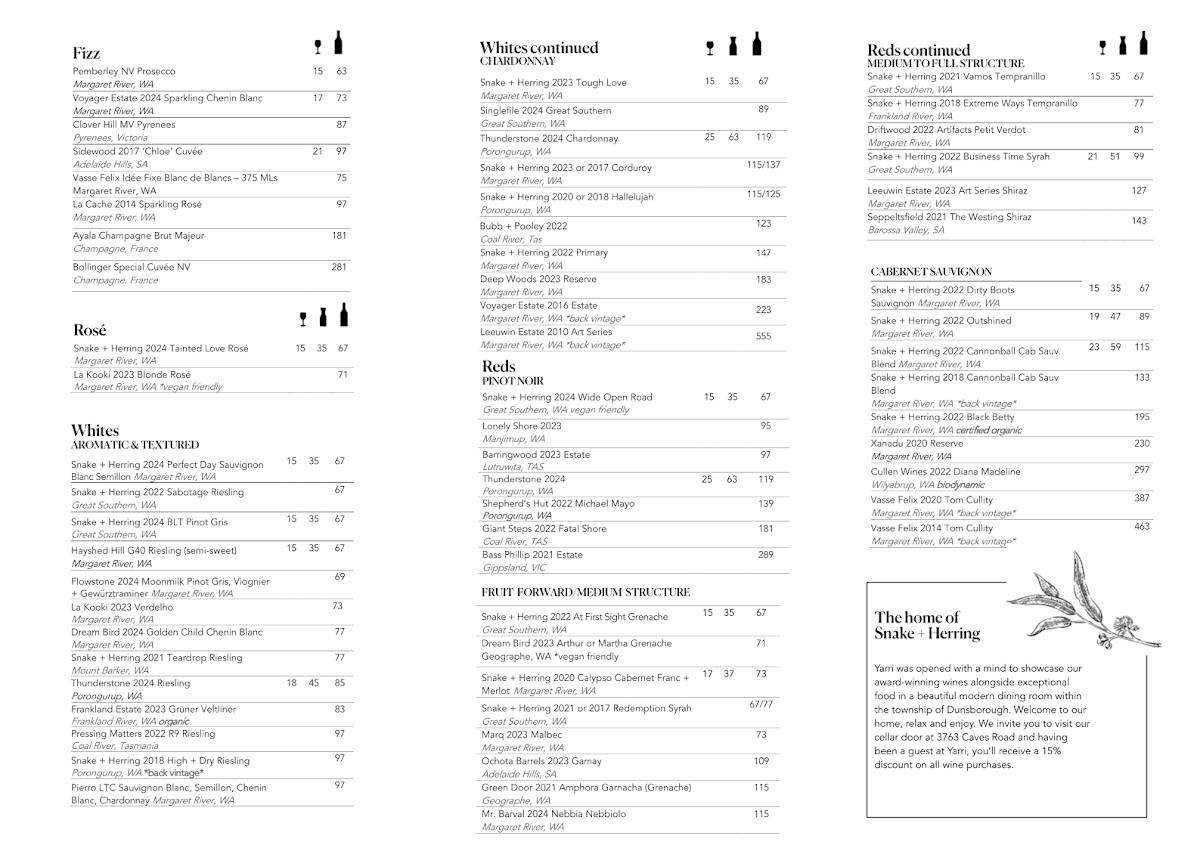 Menu, Yarri Restaurant + Bar