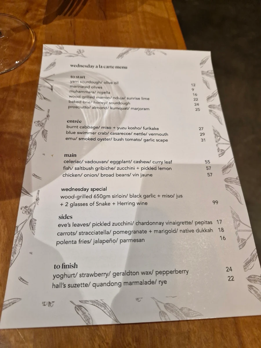 Menu, Yarri Restaurant + Bar