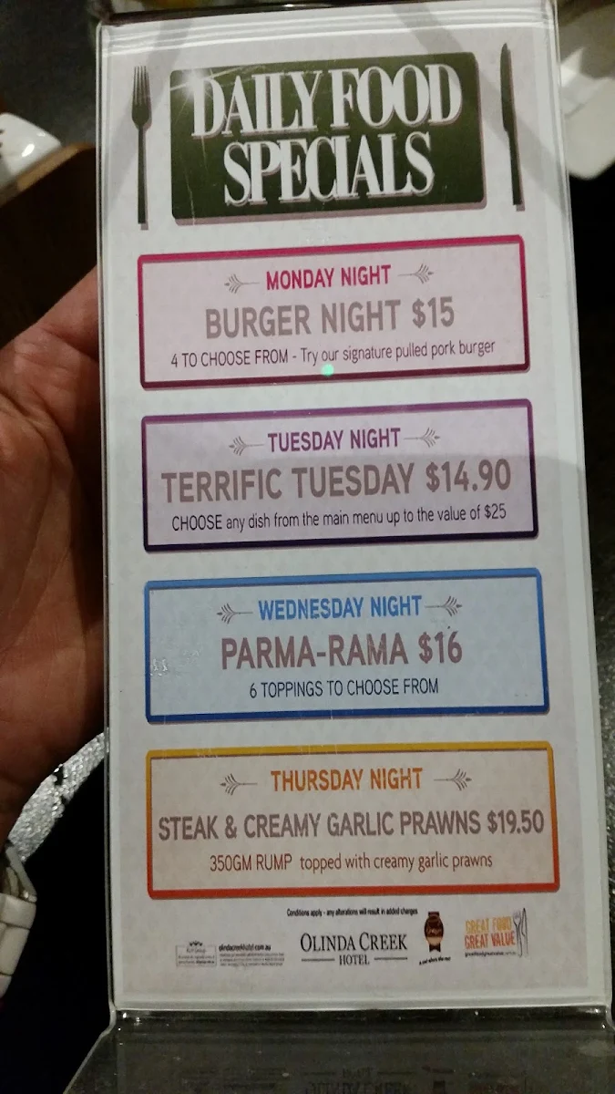 Menu, Olinda Creek Hotel