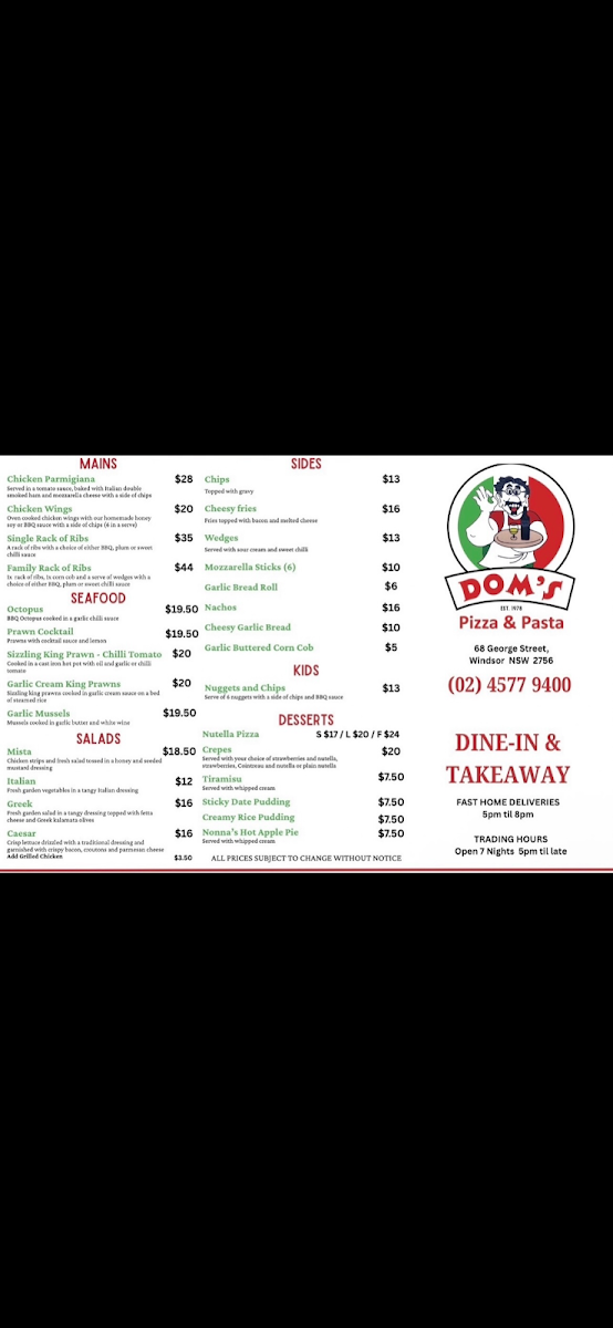 Menu, Dom's Pizza Pasta Windsor