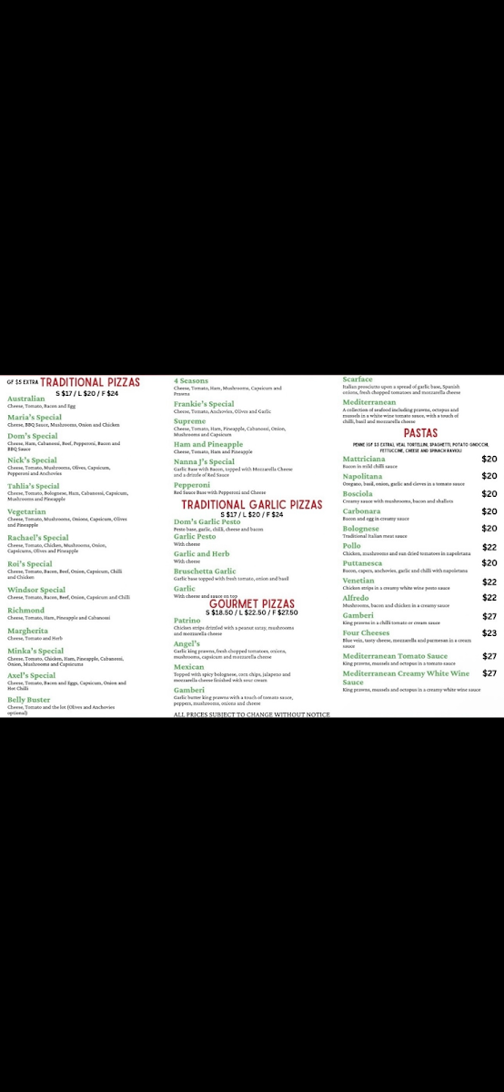 Menu, Dom's Pizza Pasta Windsor