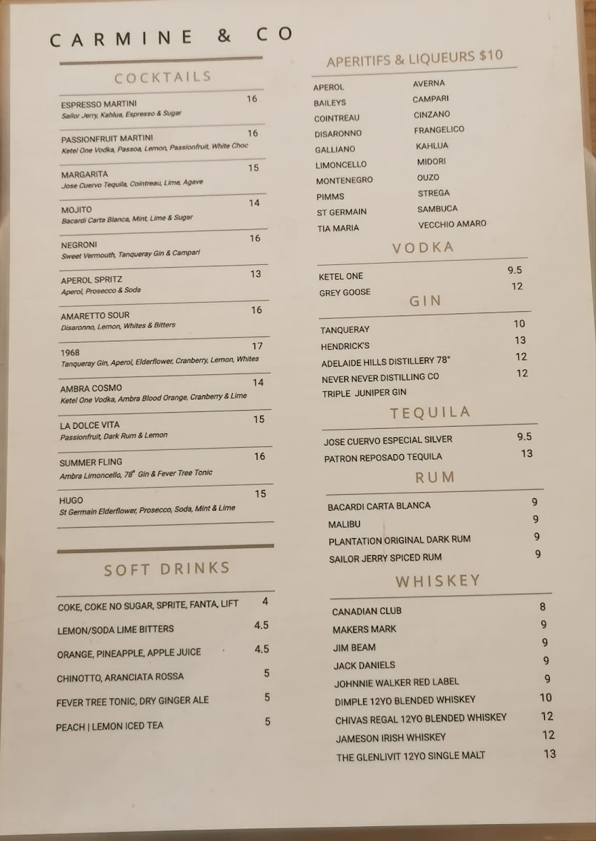 Menu, Carmine And Co.
