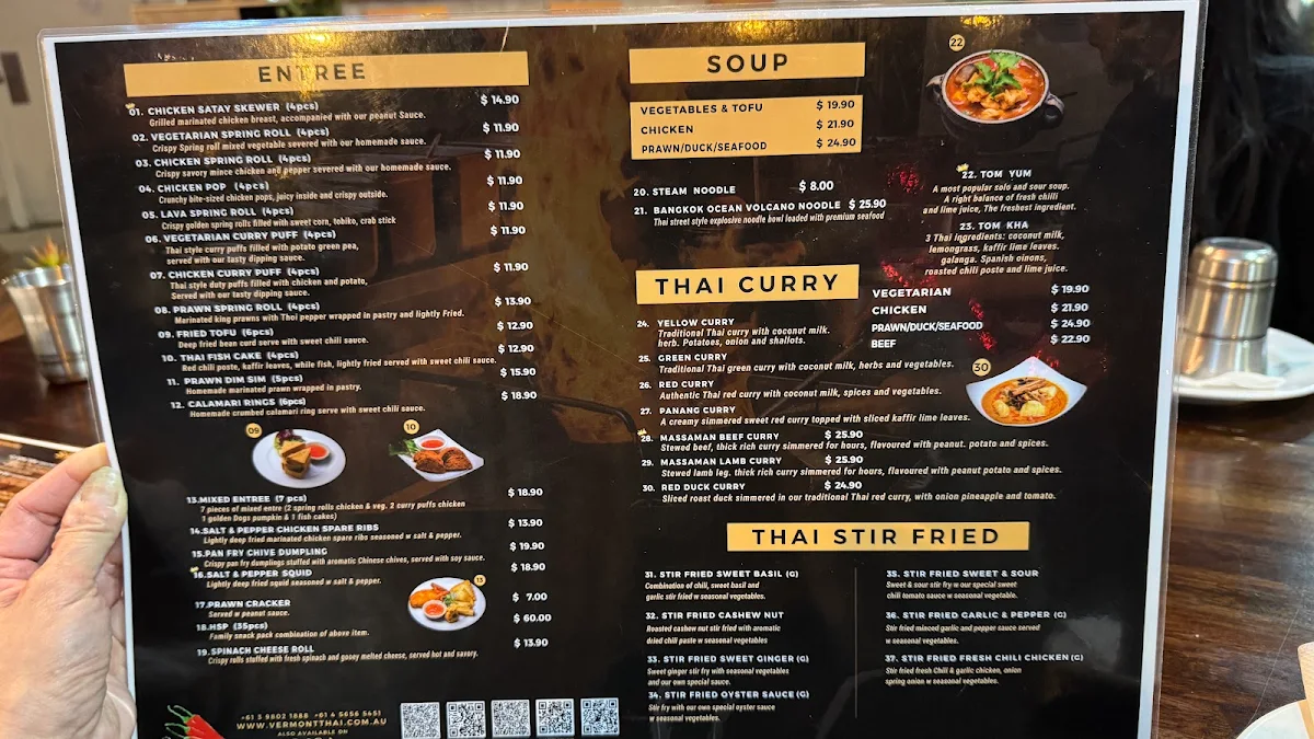 Menu, Vermont Thai