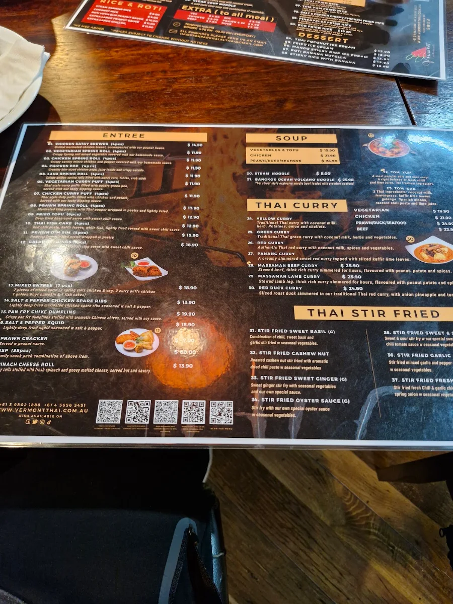 Menu, Vermont Thai