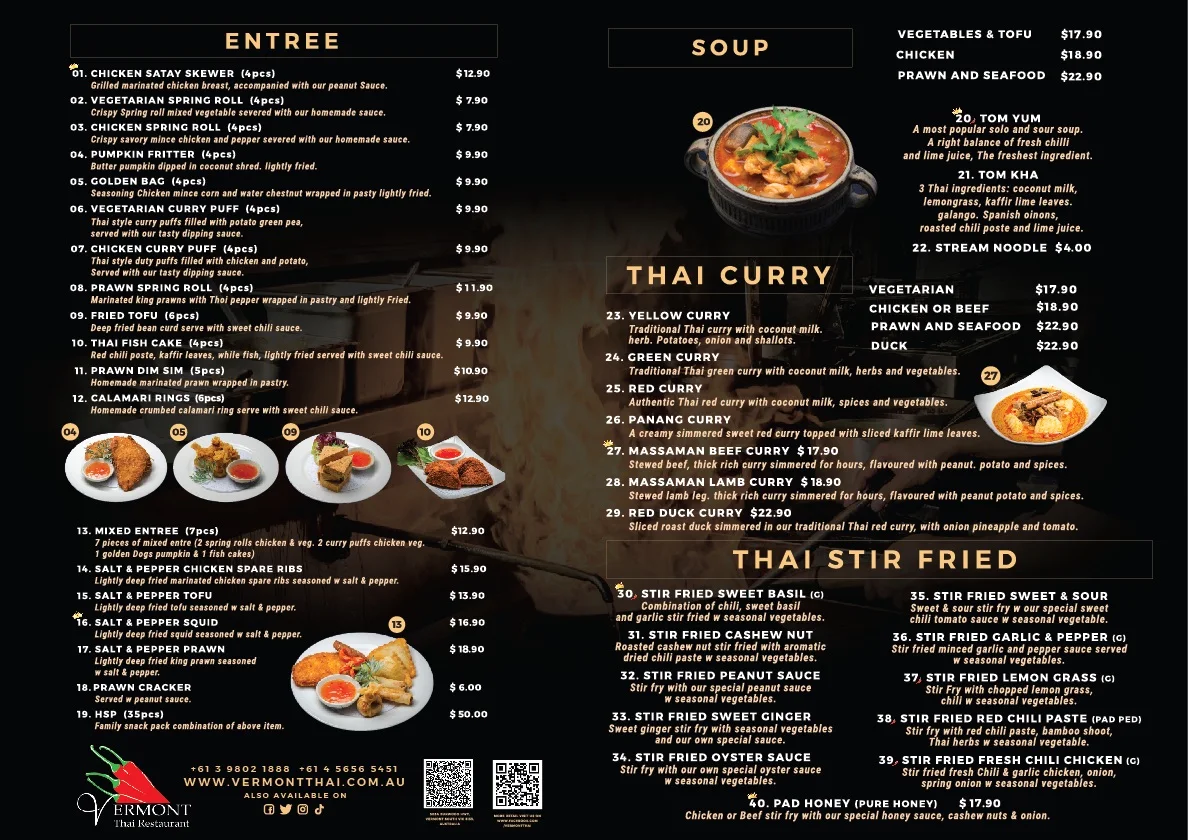 Menu, Vermont Thai