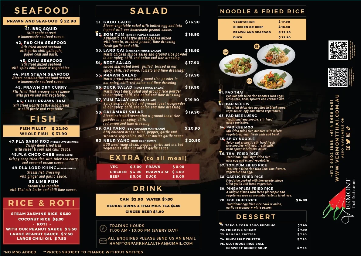 Menu, Vermont Thai