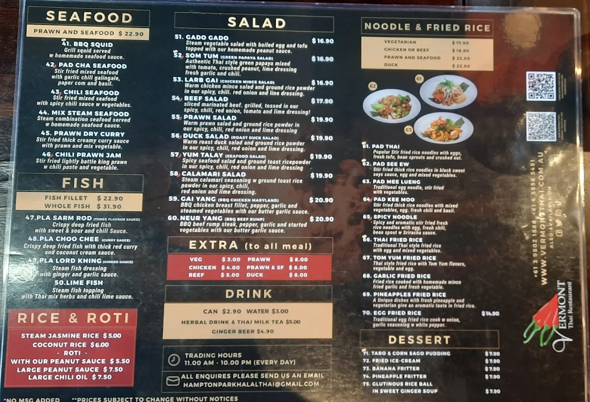 Menu, Vermont Thai