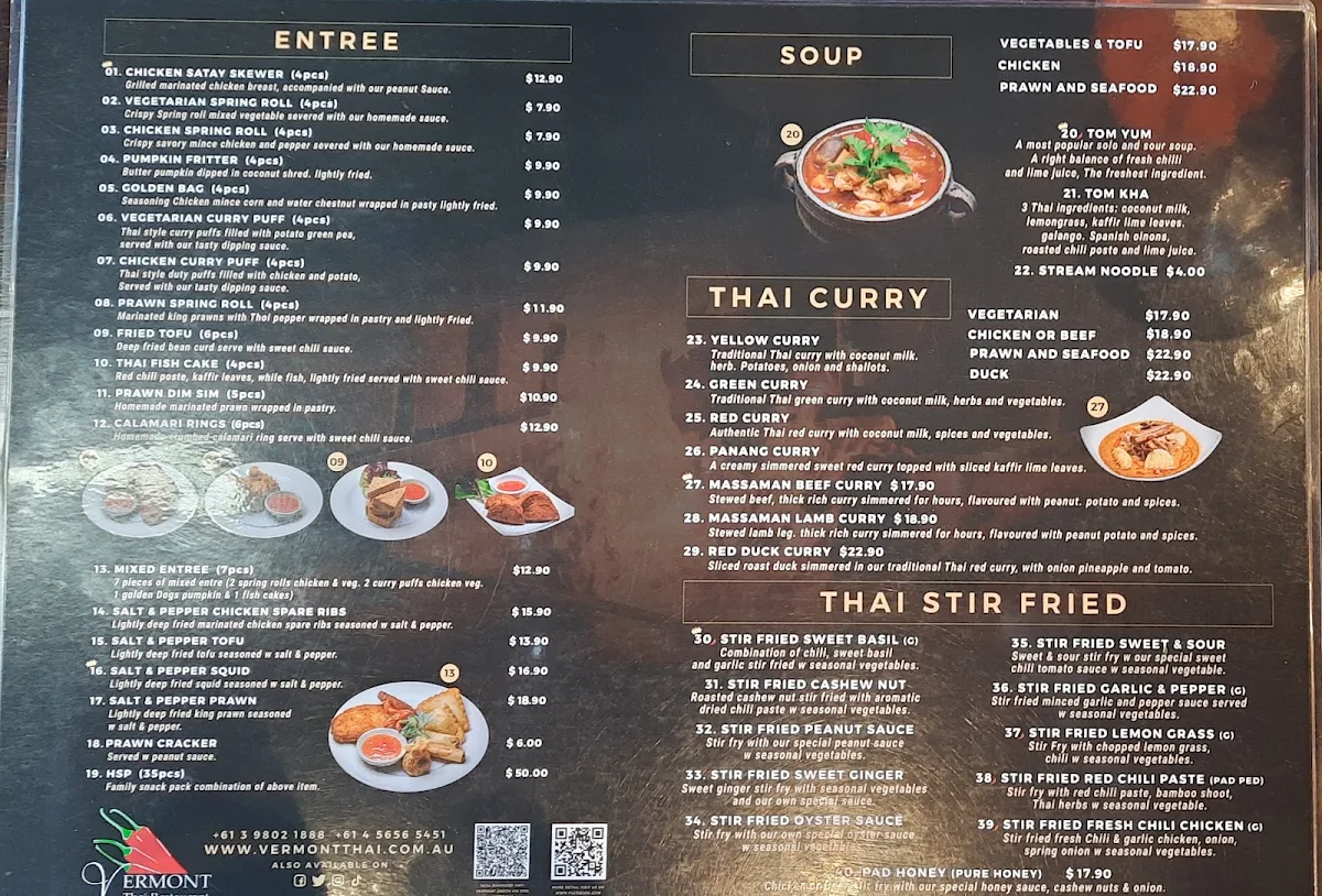 Menu, Vermont Thai