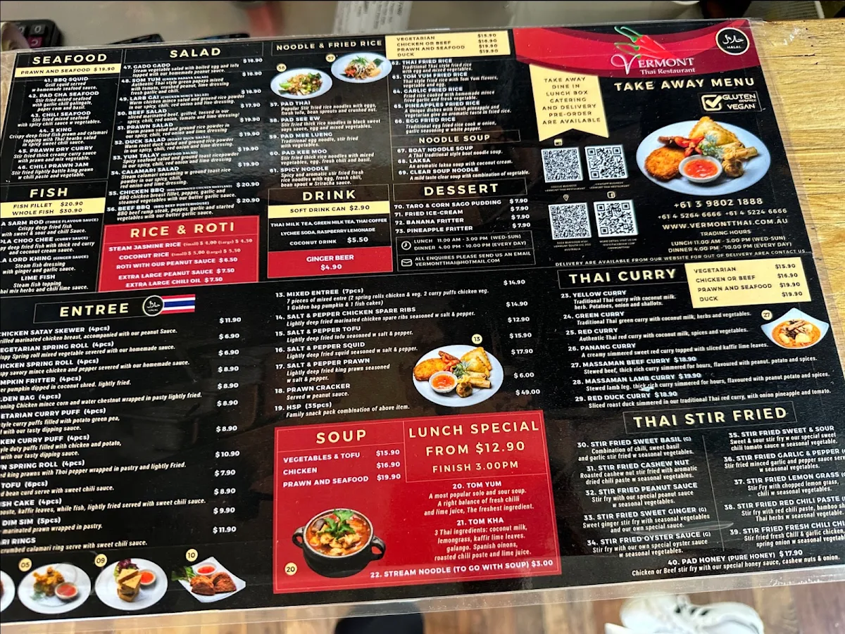 Menu, Vermont Thai