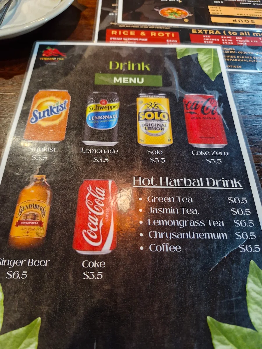 Menu, Vermont Thai