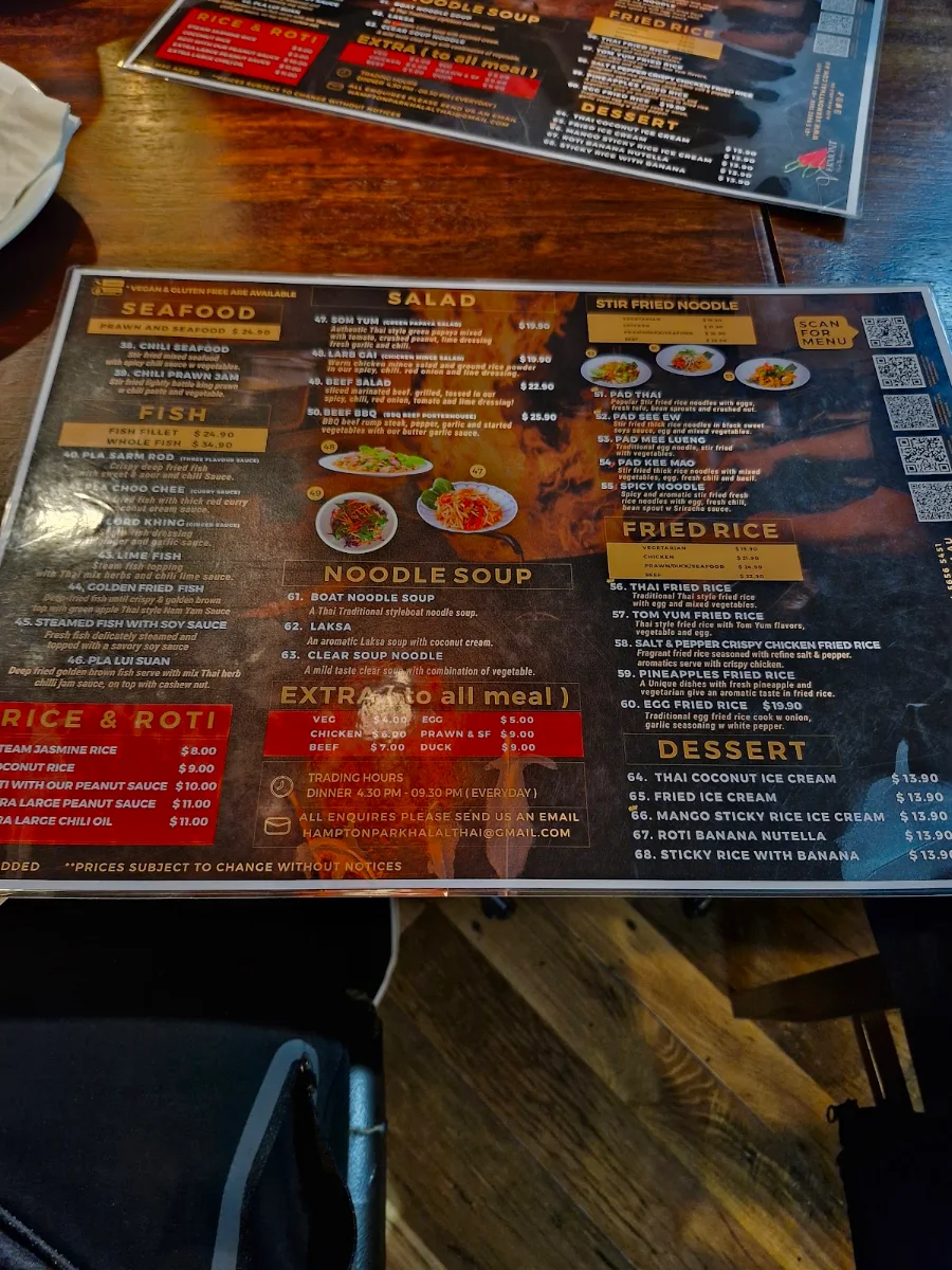 Menu, Vermont Thai