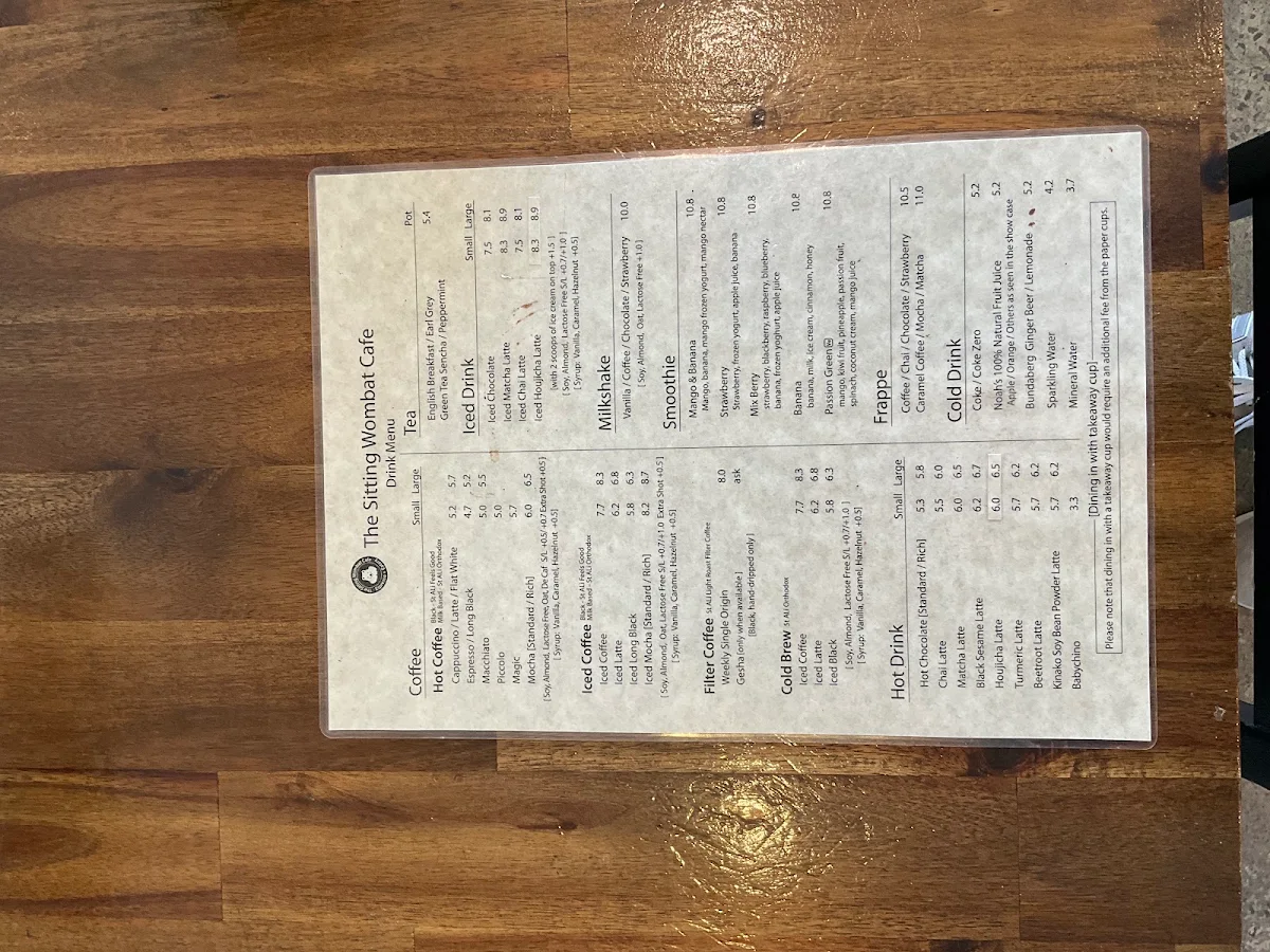 Menu, The Sitting Wombat Cafe.