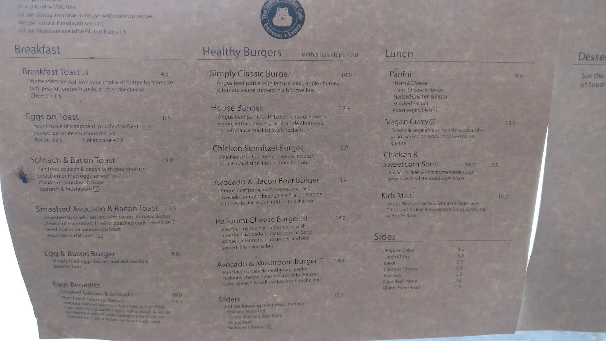 Menu, The Sitting Wombat Cafe.