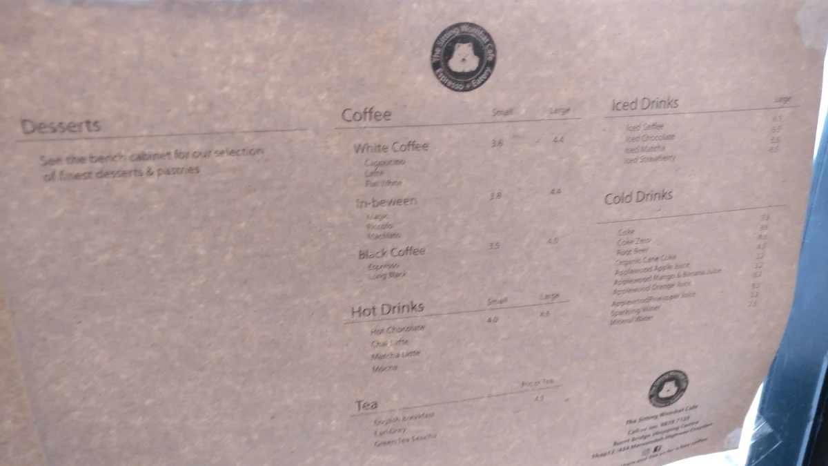 Menu, The Sitting Wombat Cafe.