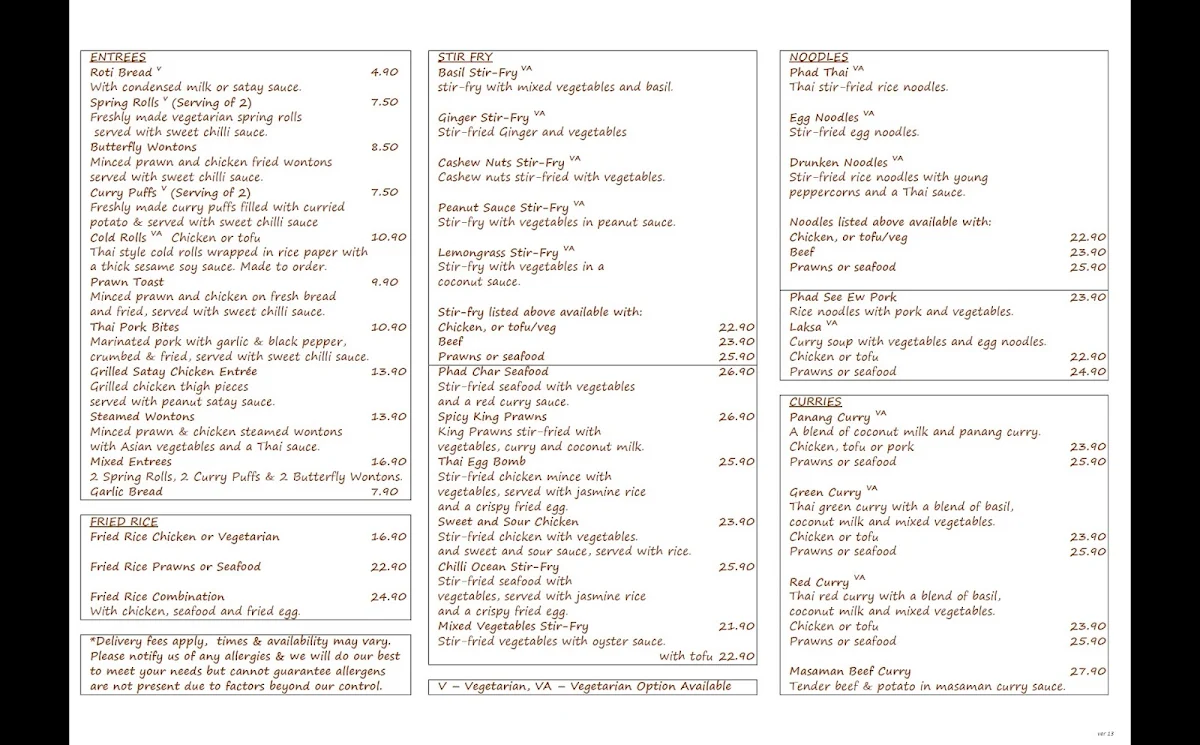 Menu, Southern Thai Cafe