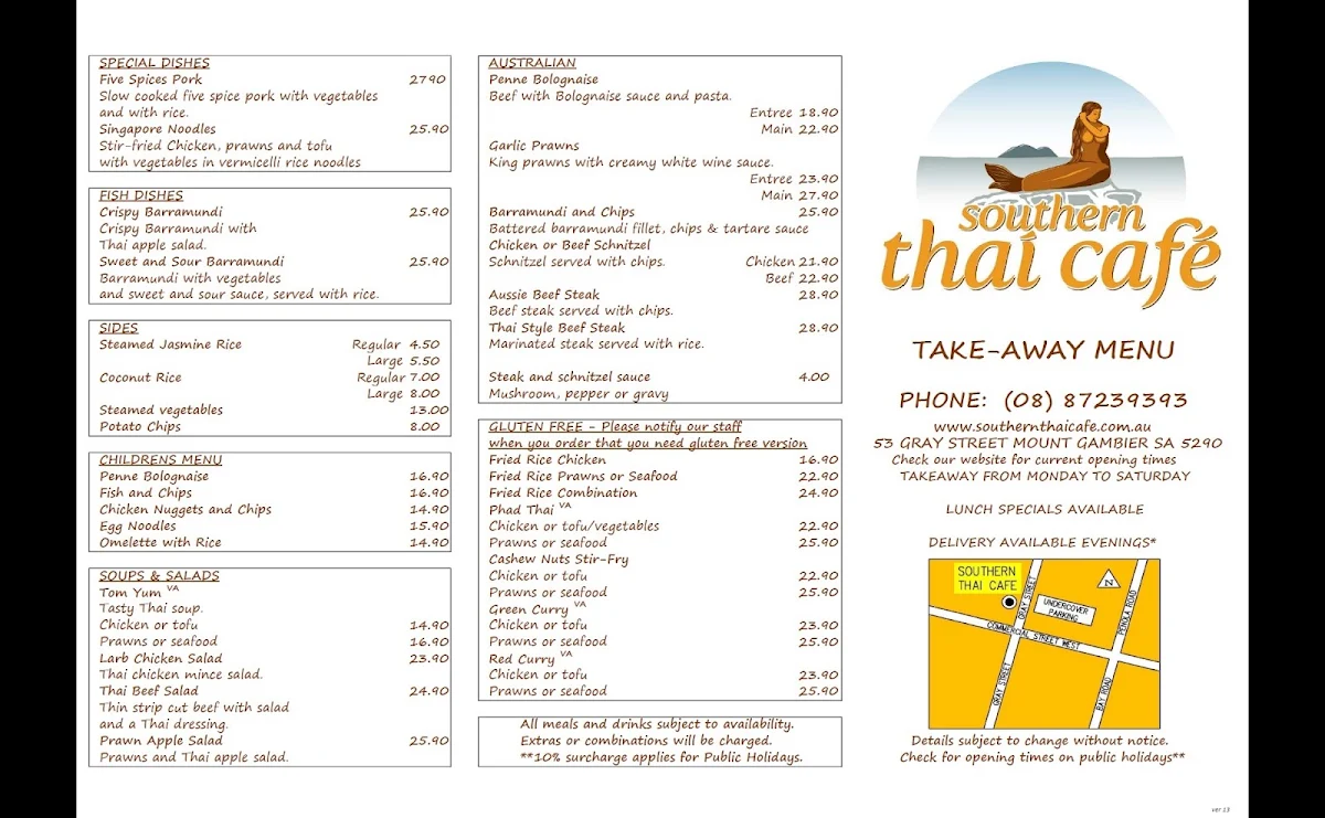 Menu, Southern Thai Cafe