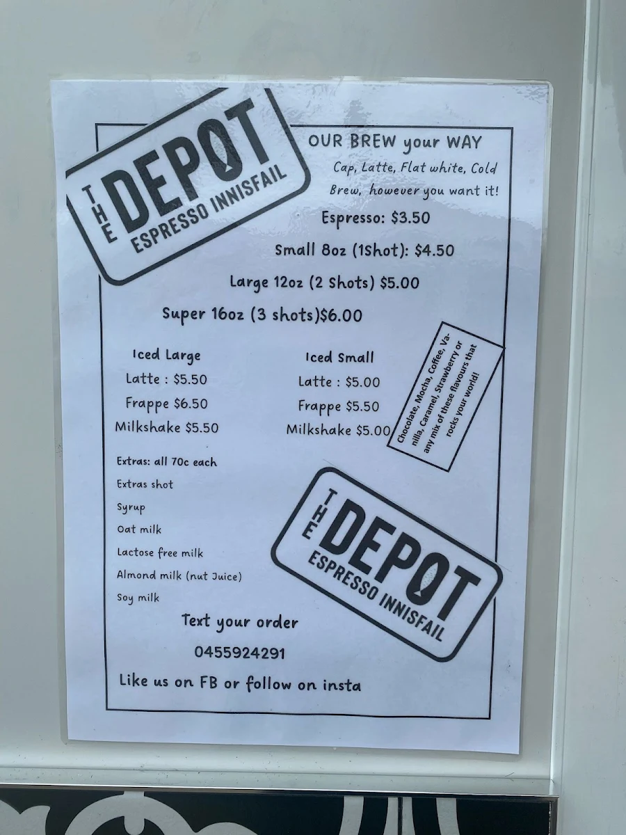 Menu, The Depot Espresso Innisfail