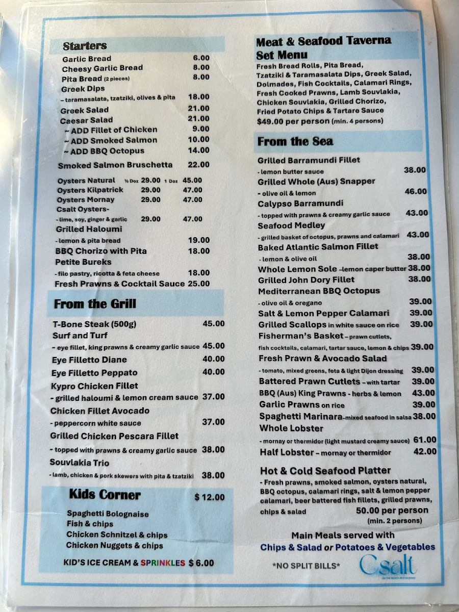 Menu, Csalt On The Beach Restaurant