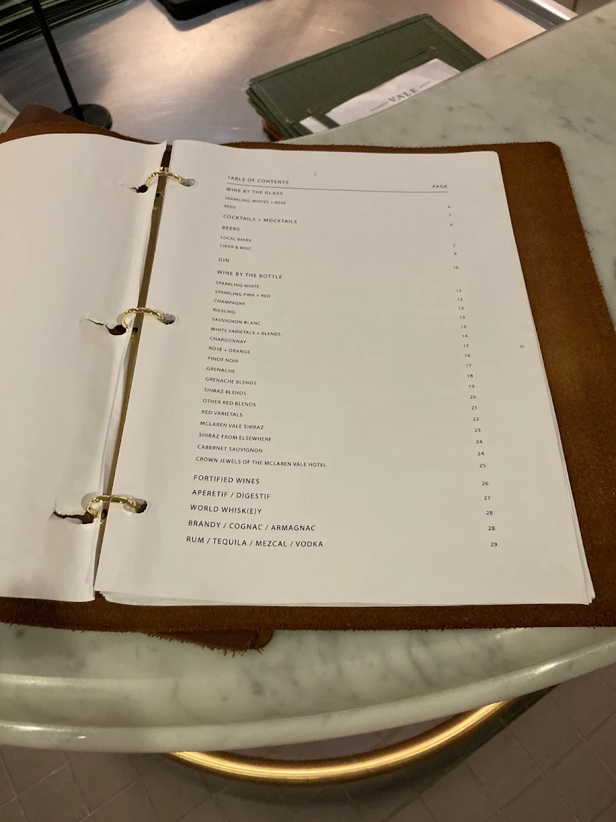 Menu, McLaren Vale Hotel
