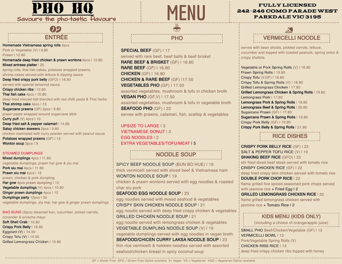 Menu, Pho HQ