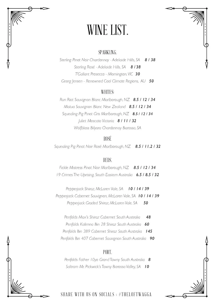 Menu, The Loft