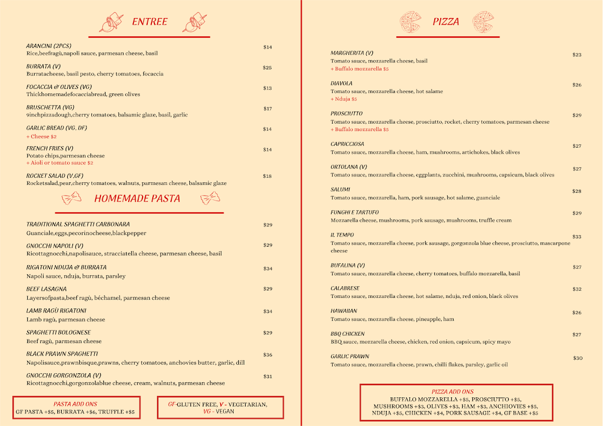 Menu, Il Tempo Melbourne