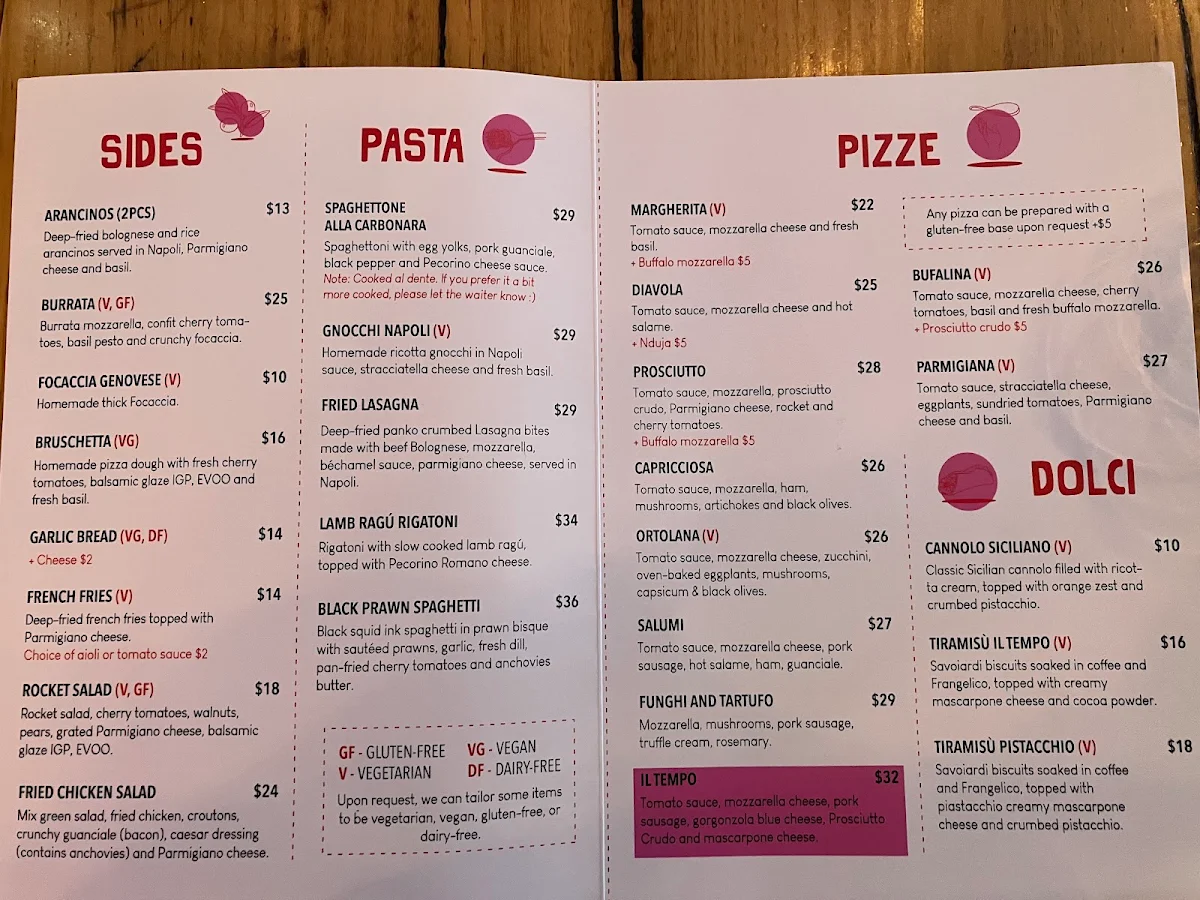Menu, Il Tempo Melbourne