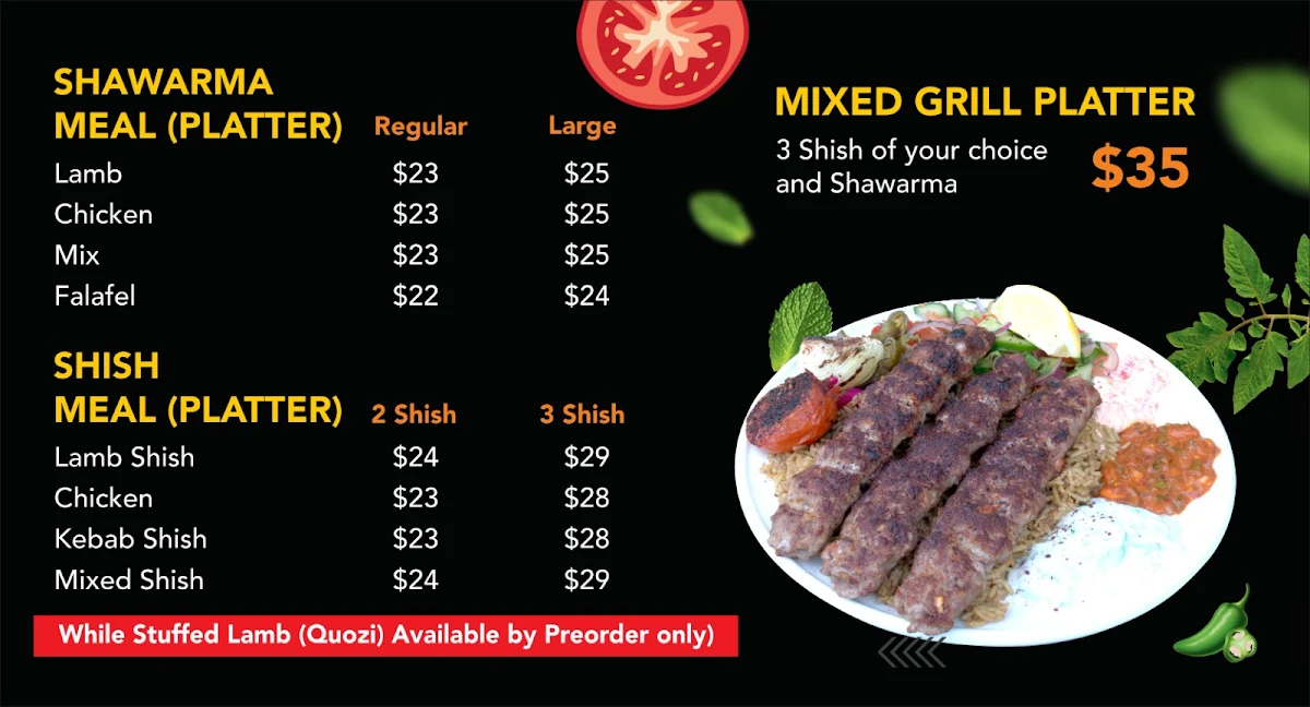 Menu, Shish Shawarma & Grill