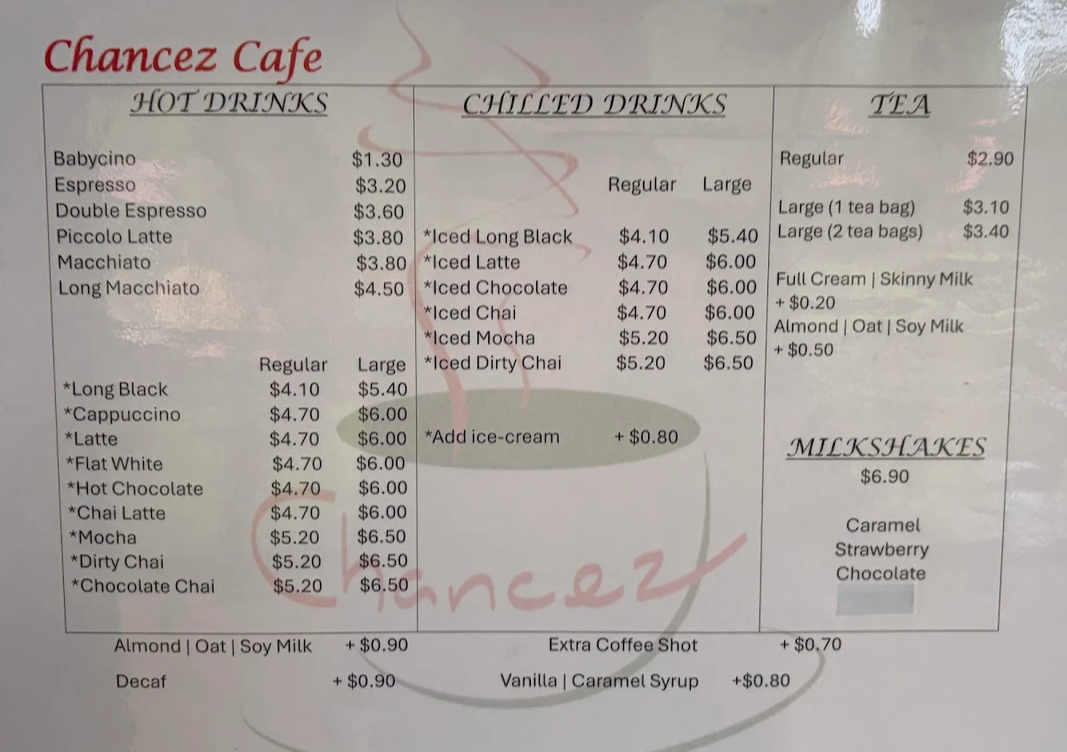Menu, Chancez Cafe Possum Hollow