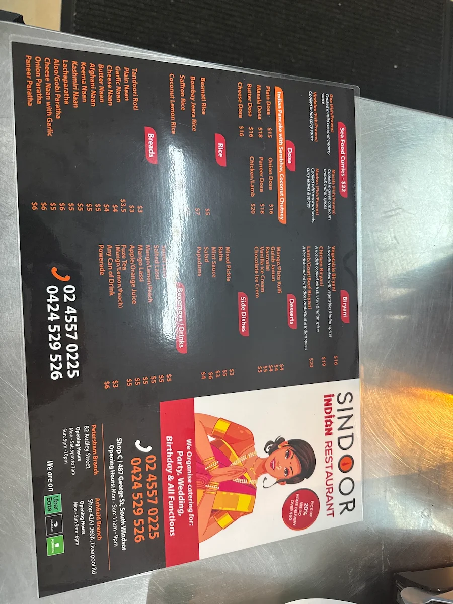 Menu, Sindoor Indian resturant Windsor