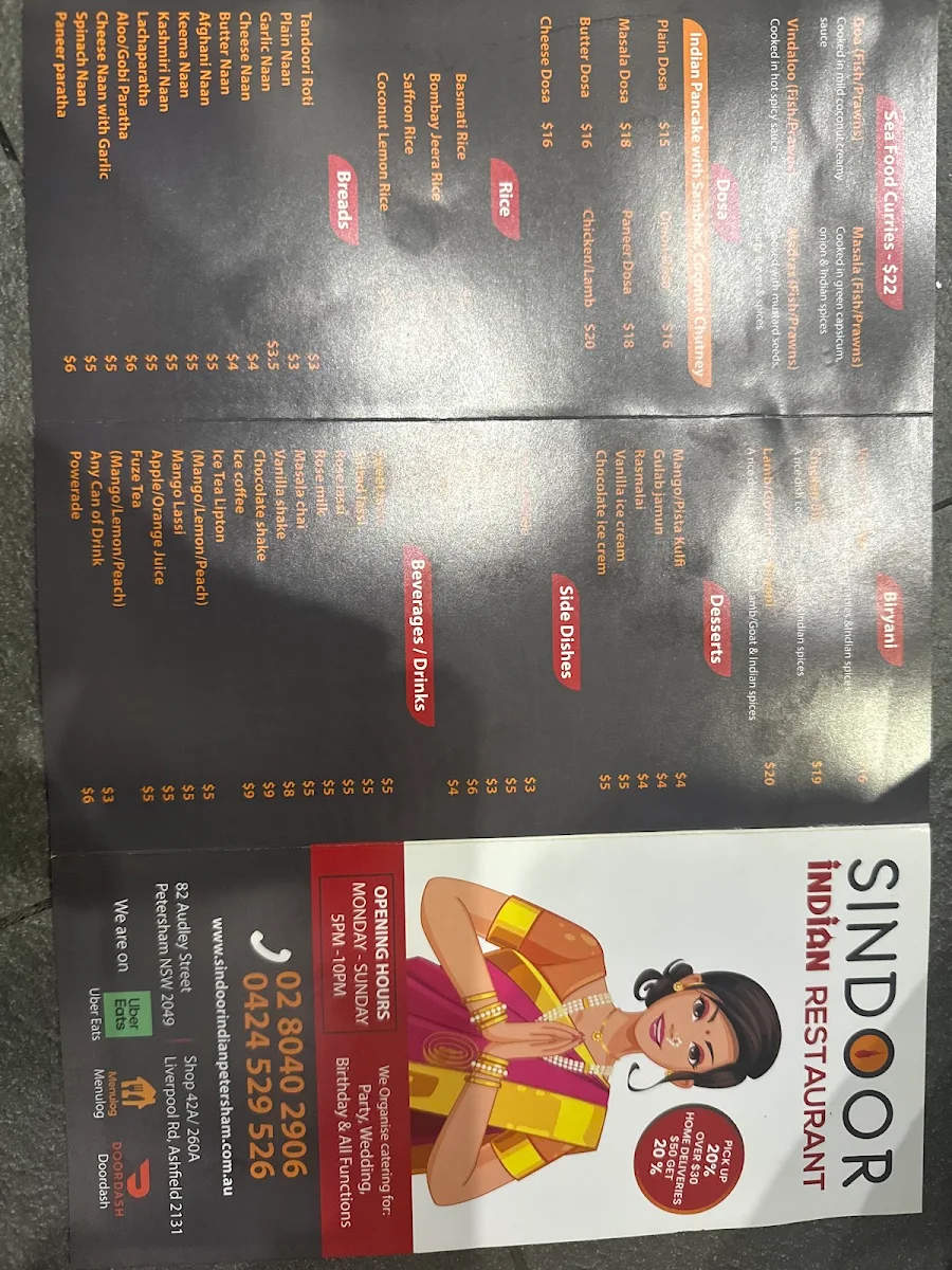 Menu, Sindoor Indian resturant Windsor