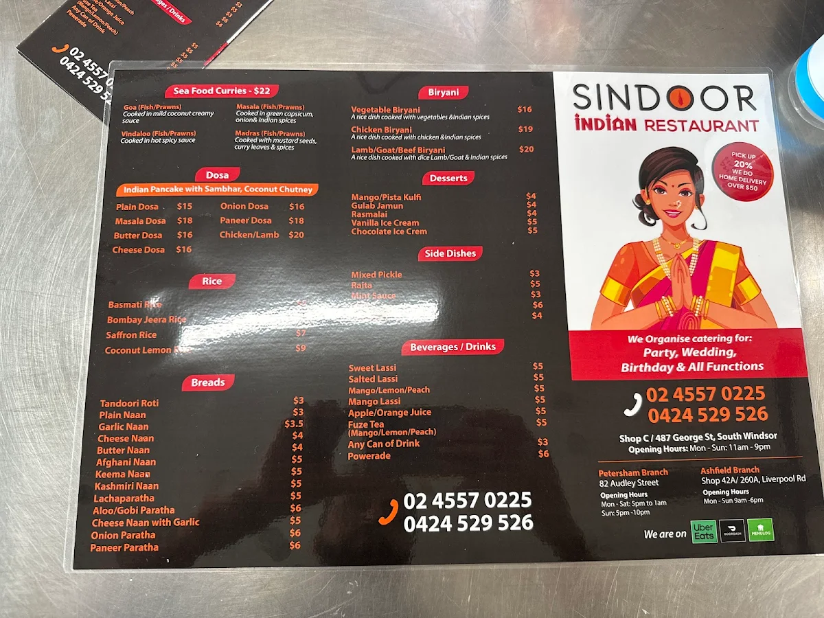 Menu, Sindoor Indian resturant Windsor