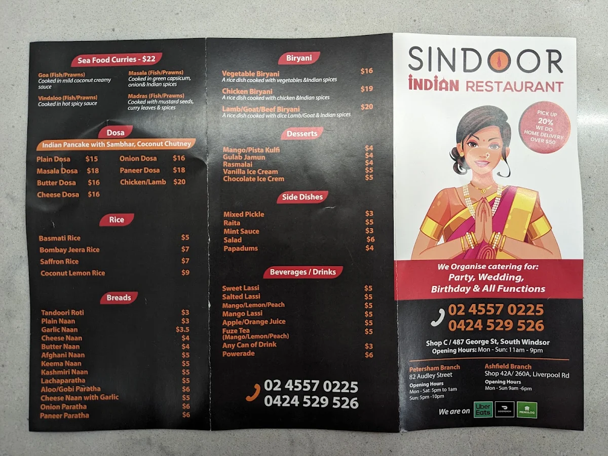 Menu, Sindoor Indian resturant Windsor