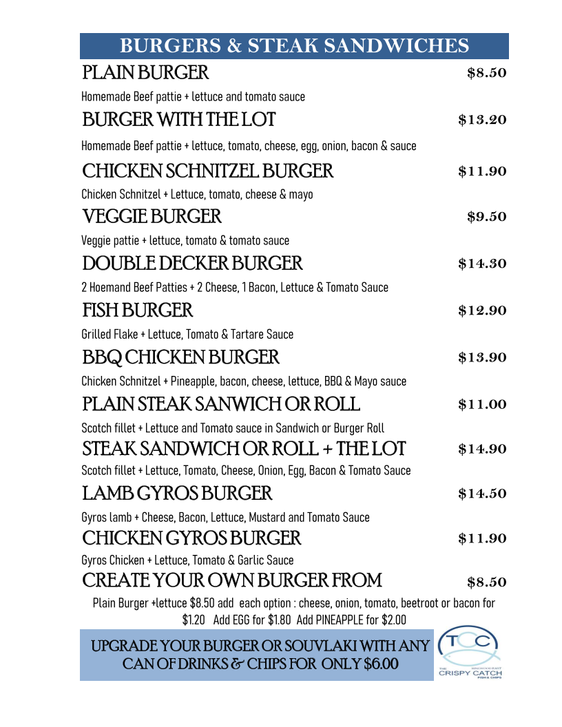 Menu, The Crispy Catch Fish & Chips - Ringwood East