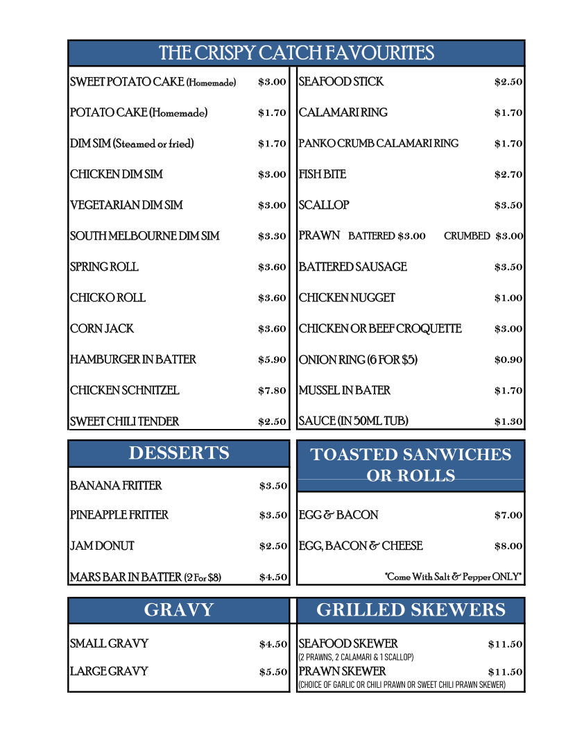 Menu, The Crispy Catch Fish & Chips - Ringwood East