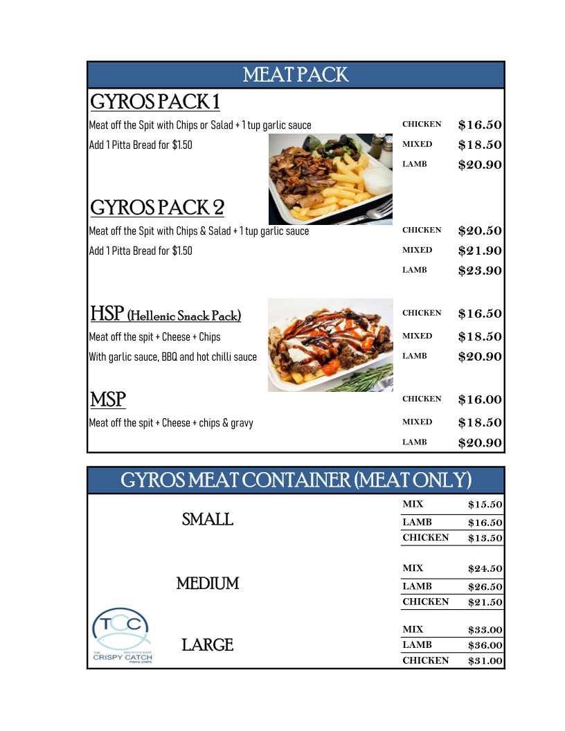 Menu, The Crispy Catch Fish & Chips - Ringwood East