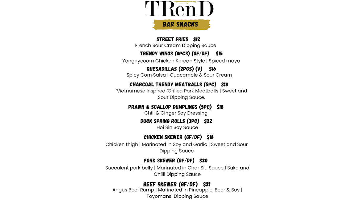 Menu, TRenD Bar & Kitchen