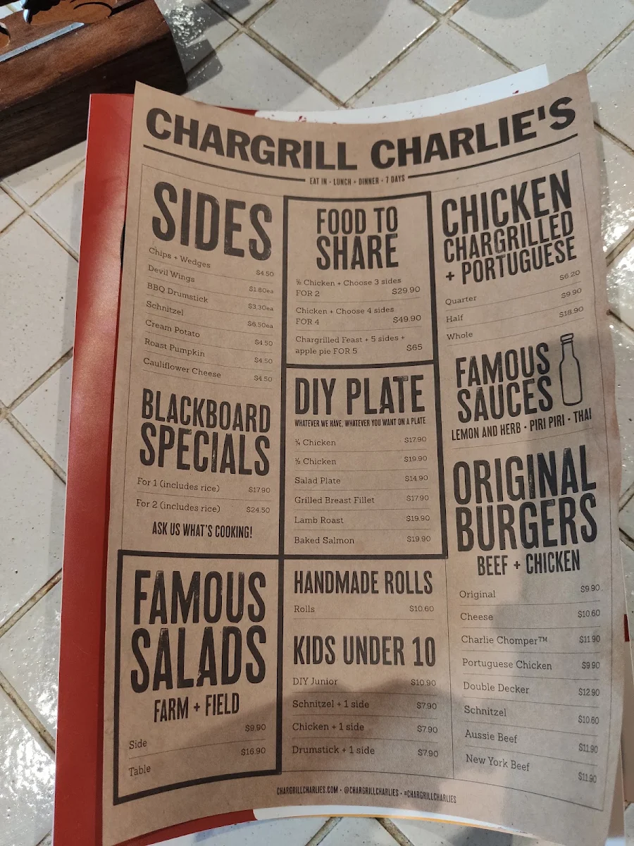 Menu, Chargrill Charlie's Drummoyne