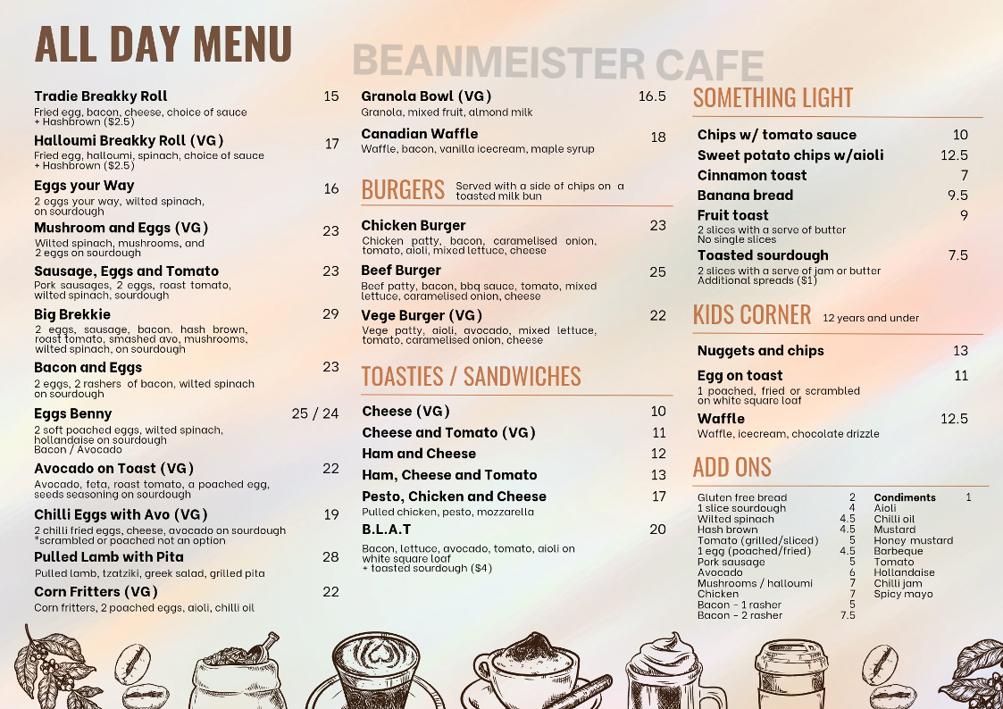 Menu, Beanmeister Cafe