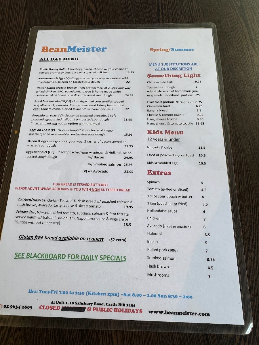 Menu, Beanmeister Cafe