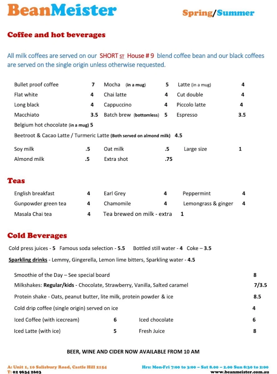 Menu, Beanmeister Cafe