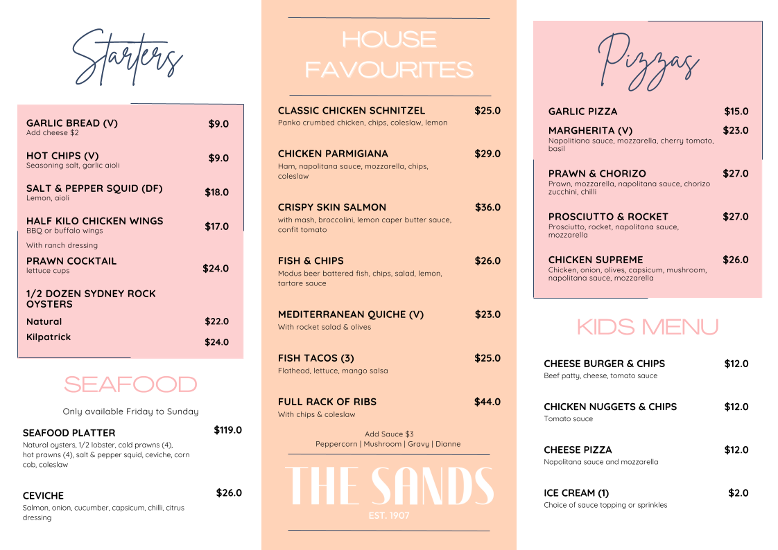 Menu, Narrabeen Sands Hotel