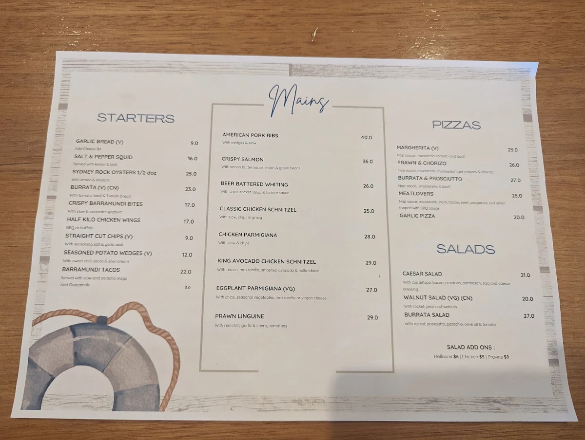 Menu, Narrabeen Sands Hotel