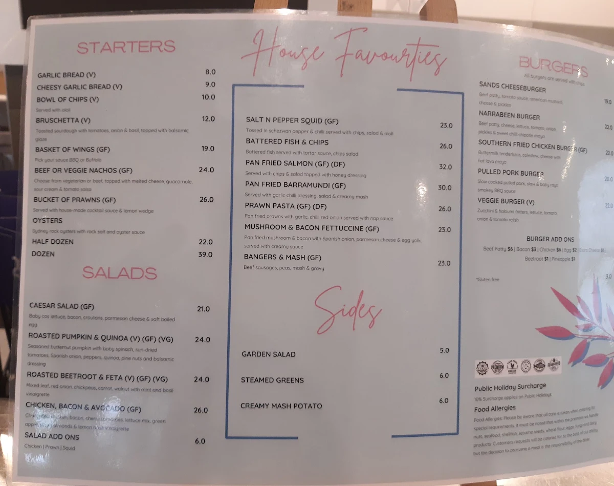 Menu, Narrabeen Sands Hotel