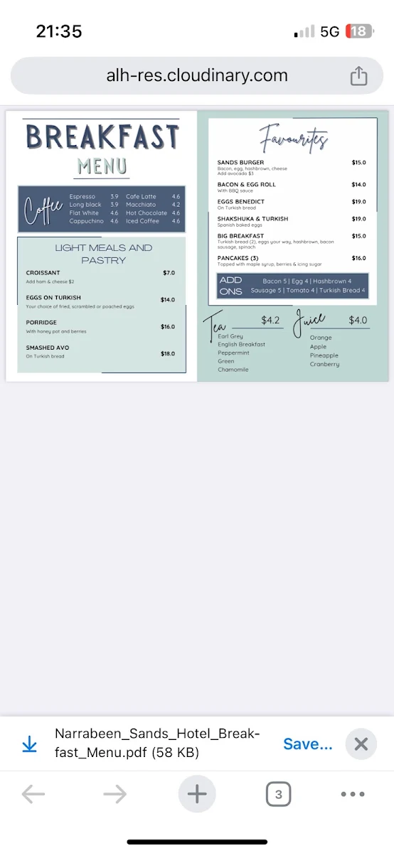 Menu, Narrabeen Sands Hotel