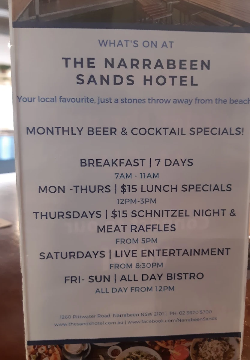 Menu, Narrabeen Sands Hotel