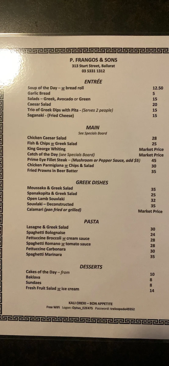 Menu, P. Frangos & Sons