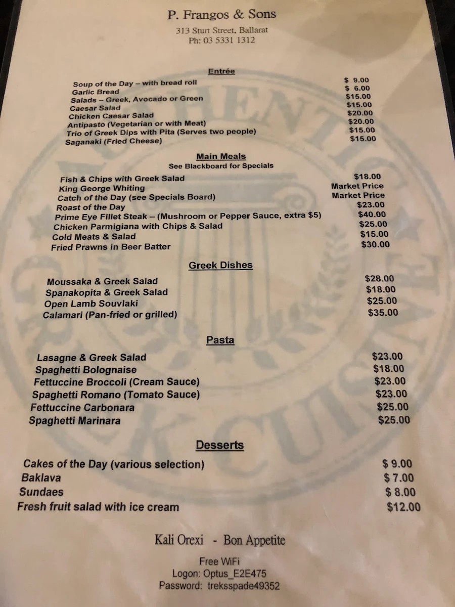 Menu, P. Frangos & Sons