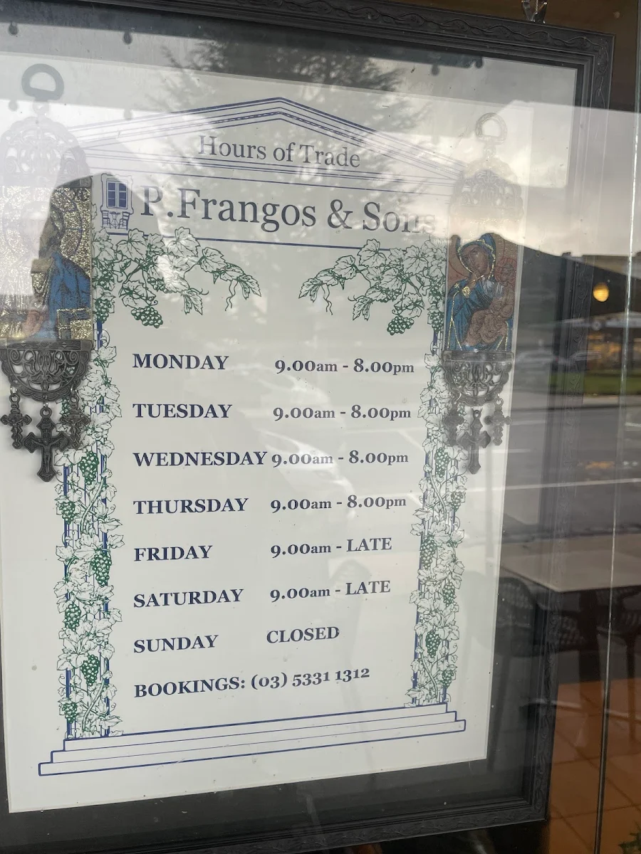 Menu, P. Frangos & Sons